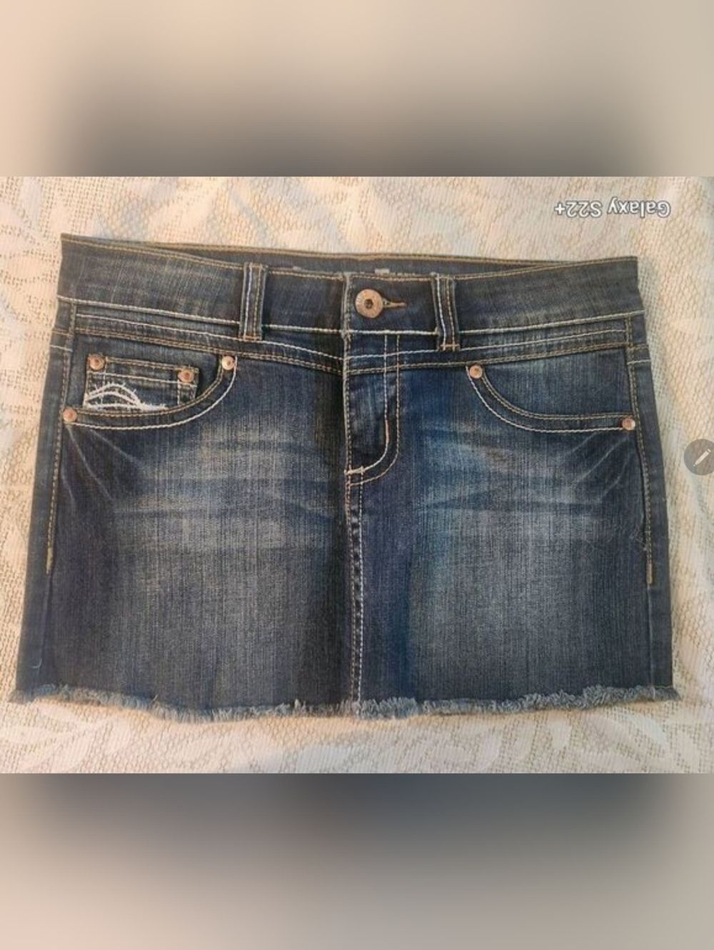 R6 Cowgirl Tuff Dark Blue Denim Mini Skirt with White Pocket Stitching
